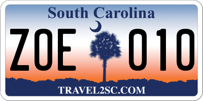 SC license plate ZOE010