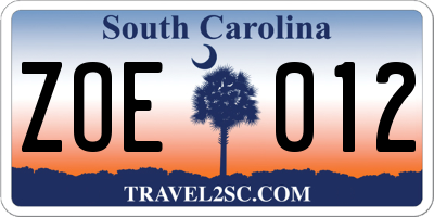 SC license plate ZOE012