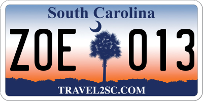 SC license plate ZOE013