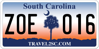 SC license plate ZOE016