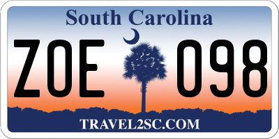 SC license plate ZOE098