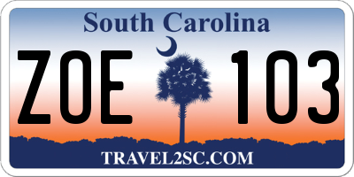 SC license plate ZOE103