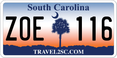 SC license plate ZOE116