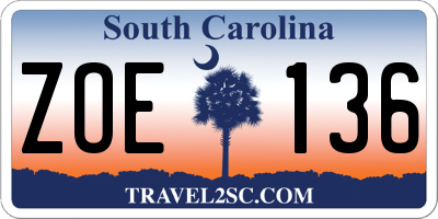 SC license plate ZOE136