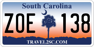 SC license plate ZOE138