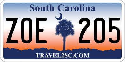 SC license plate ZOE205