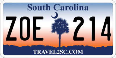 SC license plate ZOE214