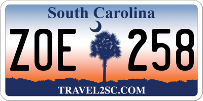 SC license plate ZOE258