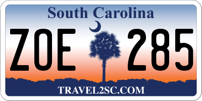 SC license plate ZOE285