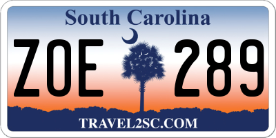 SC license plate ZOE289