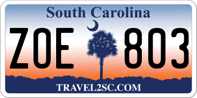 SC license plate ZOE803