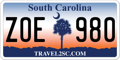 SC license plate ZOE980