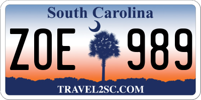 SC license plate ZOE989