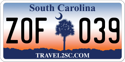 SC license plate ZOF039