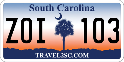 SC license plate ZOI103