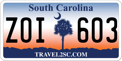 SC license plate ZOI603