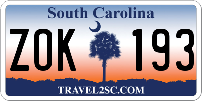 SC license plate ZOK193