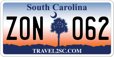 SC license plate ZON062