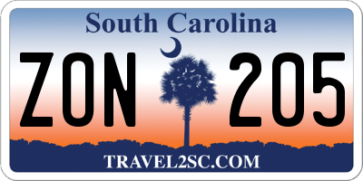 SC license plate ZON205