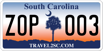 SC license plate ZOP003