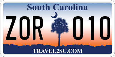 SC license plate ZOR010