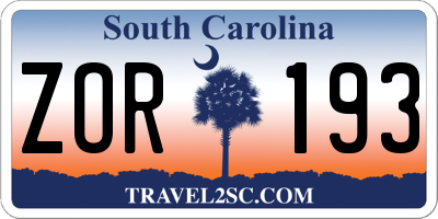 SC license plate ZOR193