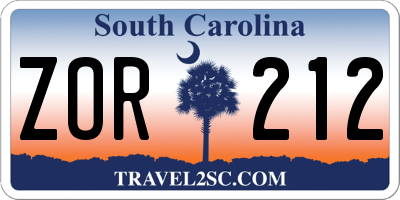 SC license plate ZOR212