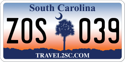 SC license plate ZOS039