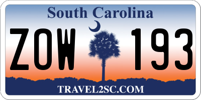 SC license plate ZOW193