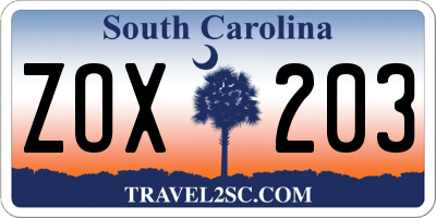 SC license plate ZOX203