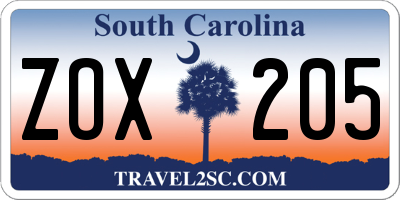 SC license plate ZOX205