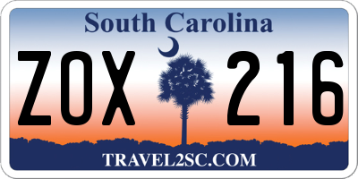 SC license plate ZOX216