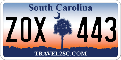 SC license plate ZOX443