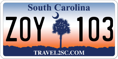 SC license plate ZOY103