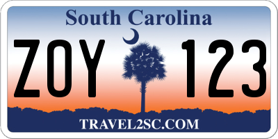 SC license plate ZOY123