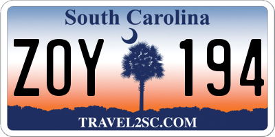 SC license plate ZOY194