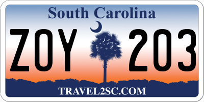 SC license plate ZOY203