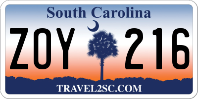 SC license plate ZOY216