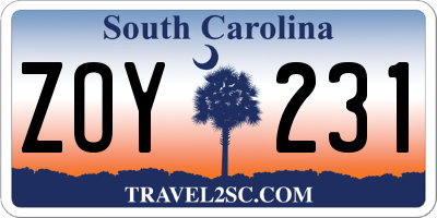 SC license plate ZOY231