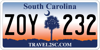 SC license plate ZOY232