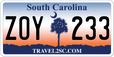 SC license plate ZOY233