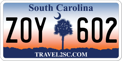 SC license plate ZOY602