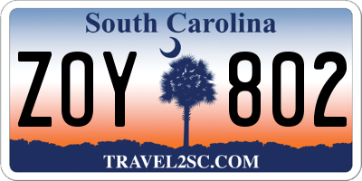 SC license plate ZOY802
