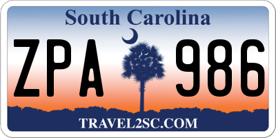 SC license plate ZPA986