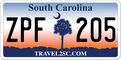 SC license plate ZPF205