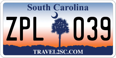 SC license plate ZPL039