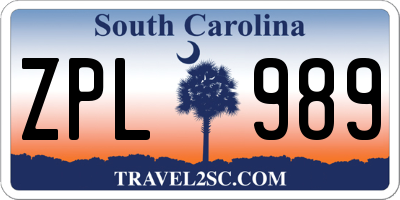 SC license plate ZPL989