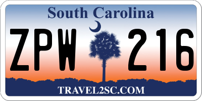 SC license plate ZPW216