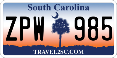 SC license plate ZPW985