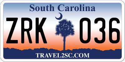 SC license plate ZRK036